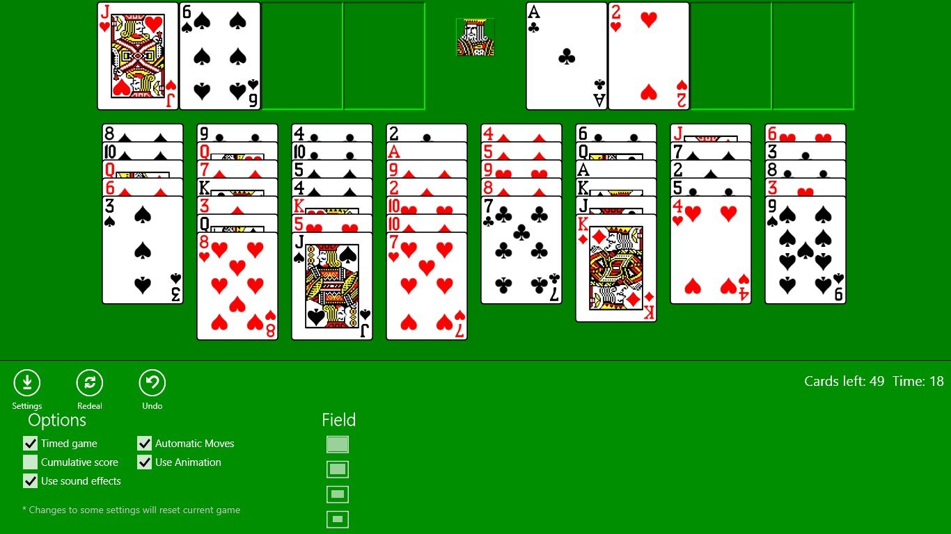 FreeCell mid-game on the classic green felt — four free cells and four foundations across the top, eight tableau columns of fanned cards below, with the status bar showing 49 cards left and 18 seconds elapsed.